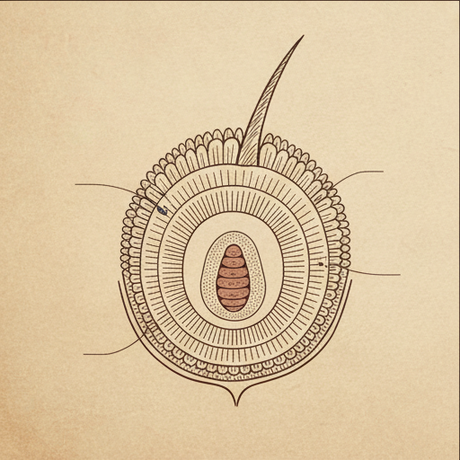 Hair shaft cross-section showing cuticle, cortex, and medulla layers.