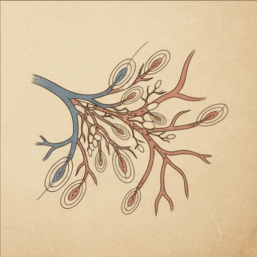 A scalp microcirculation schematic in espresso ink on parchment.