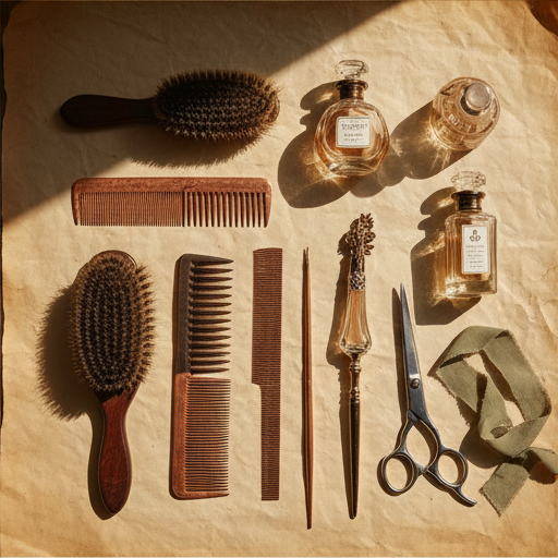 Vintage hairdressing tools arranged in a flat-lay study.