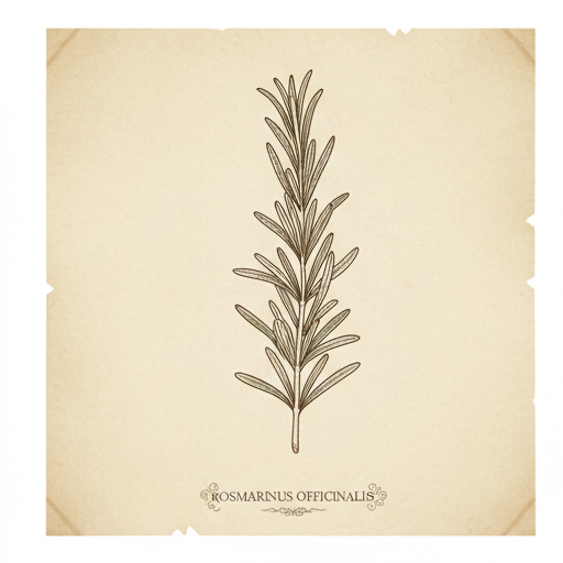 A rosemary sprig painted as a vintage herbarium plate.