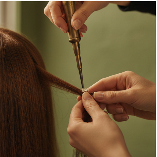 Stylist hands placing a single extension carefully at the root.