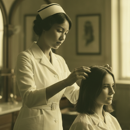 A stylist in a white uniform examining a client's hair, vintage academy portrait.