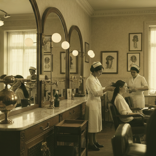 A wide interior shot of a vintage salon academy with mentor and apprentices at work.